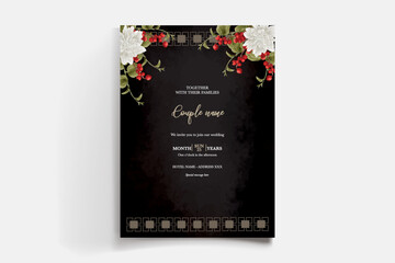 WEDDING INVITATION FRAME WITH FLOWER DECORATIONS AND FRESH LEAVES