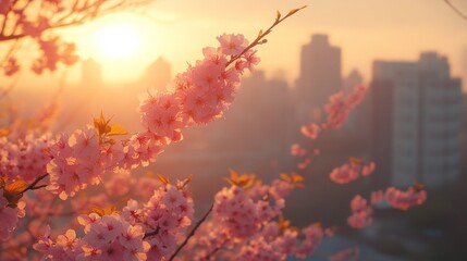 Beautiful Cherry Blossoms with Sunrise Over Urban Landscape in Soft Focus During Spring Season