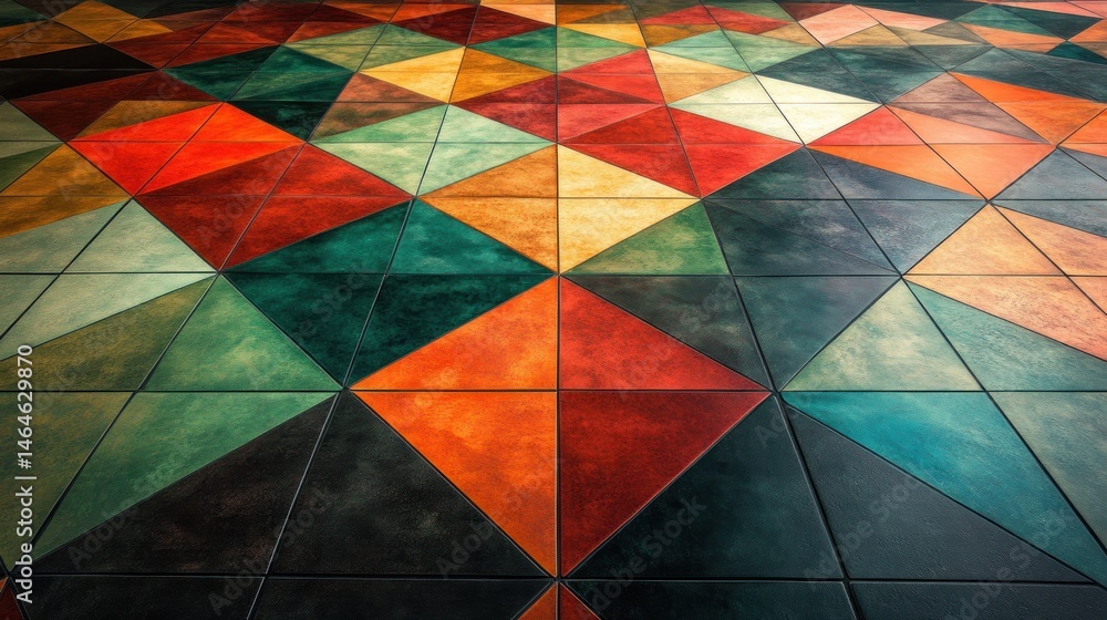 Poster vibrant geometric floor tiles with colorful triangle patterns creating a modern artistic aesthetic f