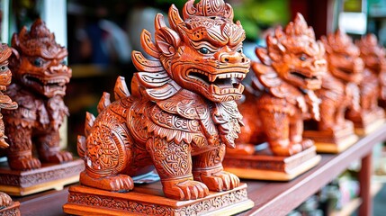 Ornate wooden guardian figures arranged on shelves.