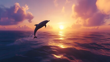 A dolphin leaping out of the ocean at sunrise