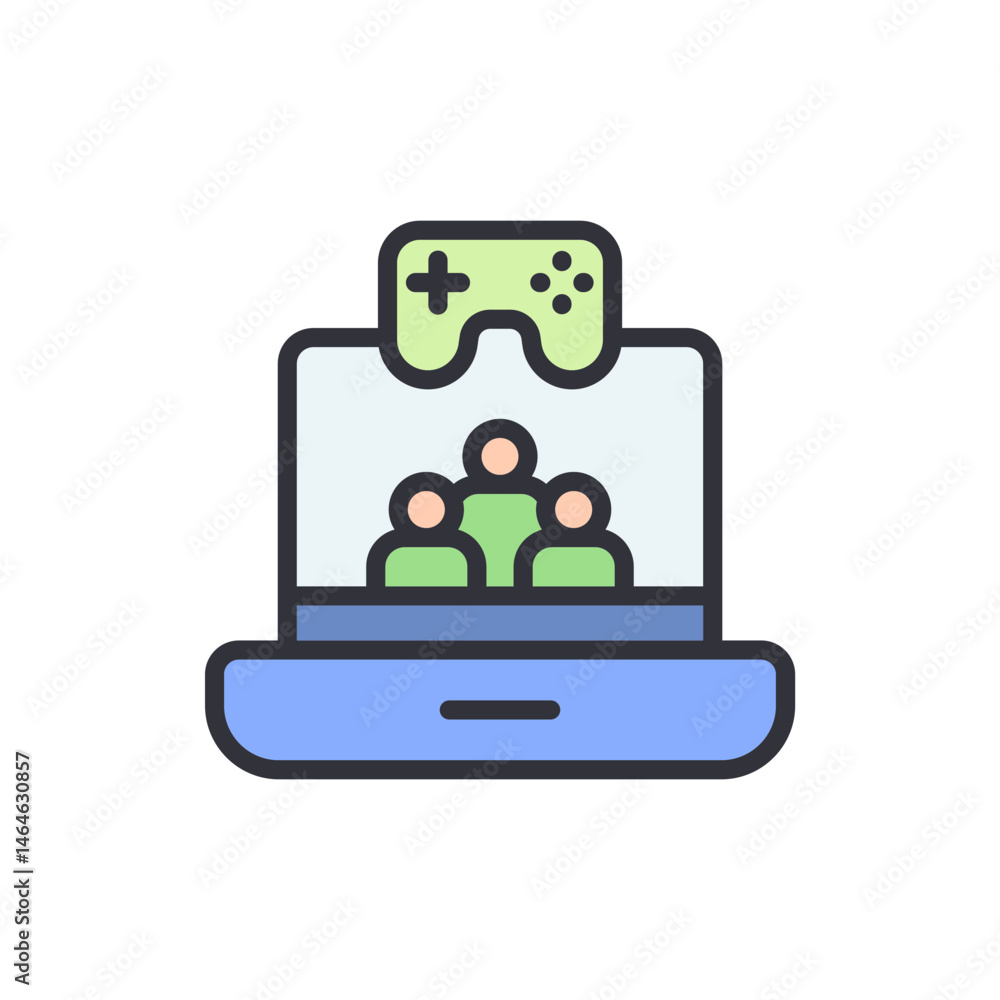 Poster laptop showing a group of people having fun with a video game controller
