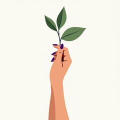 A hand with purple nails holds a small green plant with three leaves against a plain background.