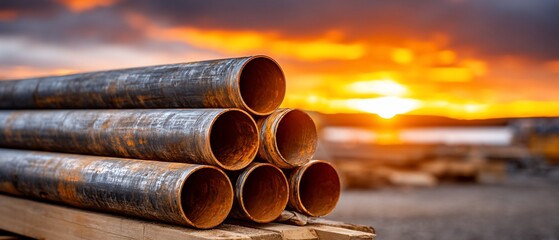 Metal Pipes Stacked Outdoors at Sunset