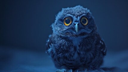 Close-Up of a Baby Owl in Blue Light, Stunning Owl Portrait, Adorable Owl with Bright Eyes, Copy Space for Text
