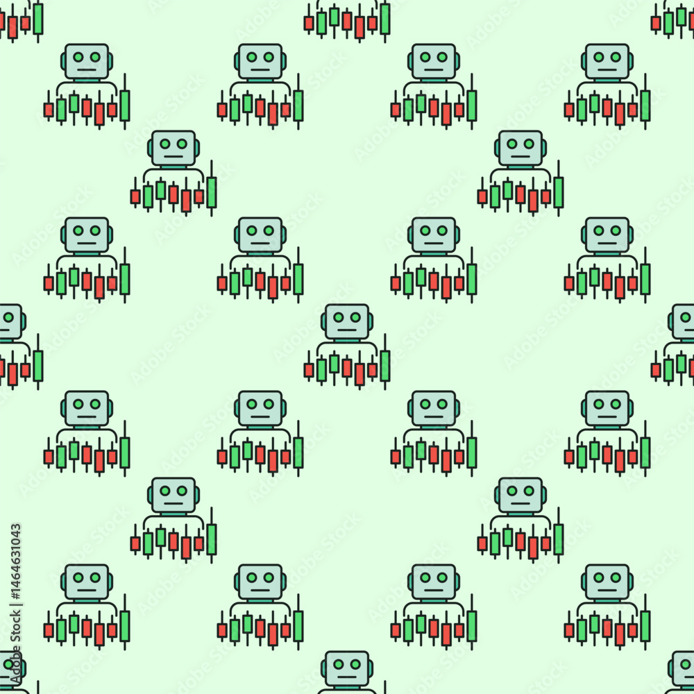 Poster candlestick chart and trading bot vector automation tools for traders colored seamless pattern