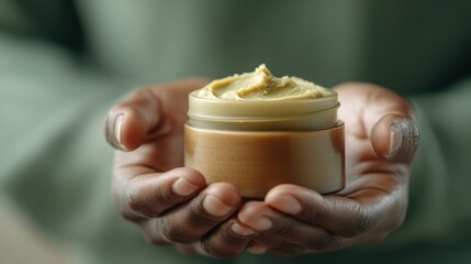 Gentle hands cradle a jar of creamy organic skincare, highlighting the nurturing aspect of self-care and the importance of using natural products for healthy skin.