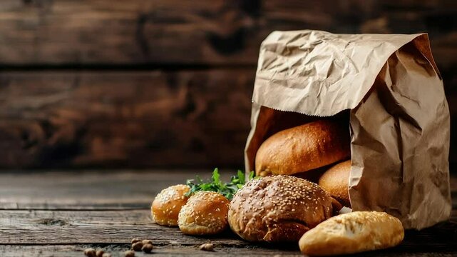Fresh baked bread assortment in brown paper bag on rustic wooden table