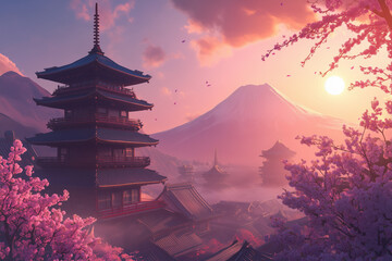 Fototapeta premium Cherry Blossom Sunrise Over Mount Fuji