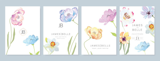 Elegant wedding invitation card background vector. Minimal hand painted watercolor botanical flowers texture template background. Design illustration for wedding, vip cover, poster, rsvp modern card. 