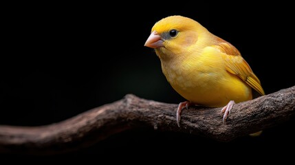 A charming yellow bird with a delicate structure sits gracefully on a branch, showcasing its vivid color against a dark background, captivating nature's beauty.