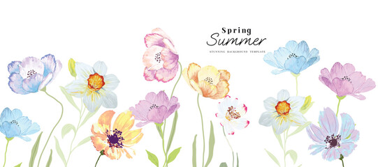 Abstract spring floral art background vector illustration. Watercolor hand painted botanical flower, leaves, eucalyptus, wildflower, stalk. Design for wallpaper, banner, card, print, wedding.