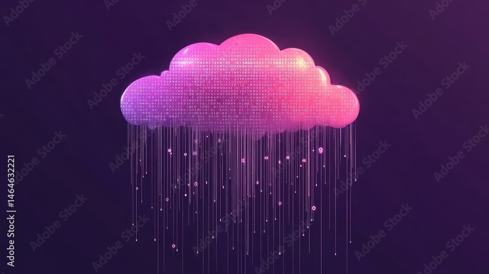 Poster cloud computing concept with holographic cloud and binary code flowing into digital devices