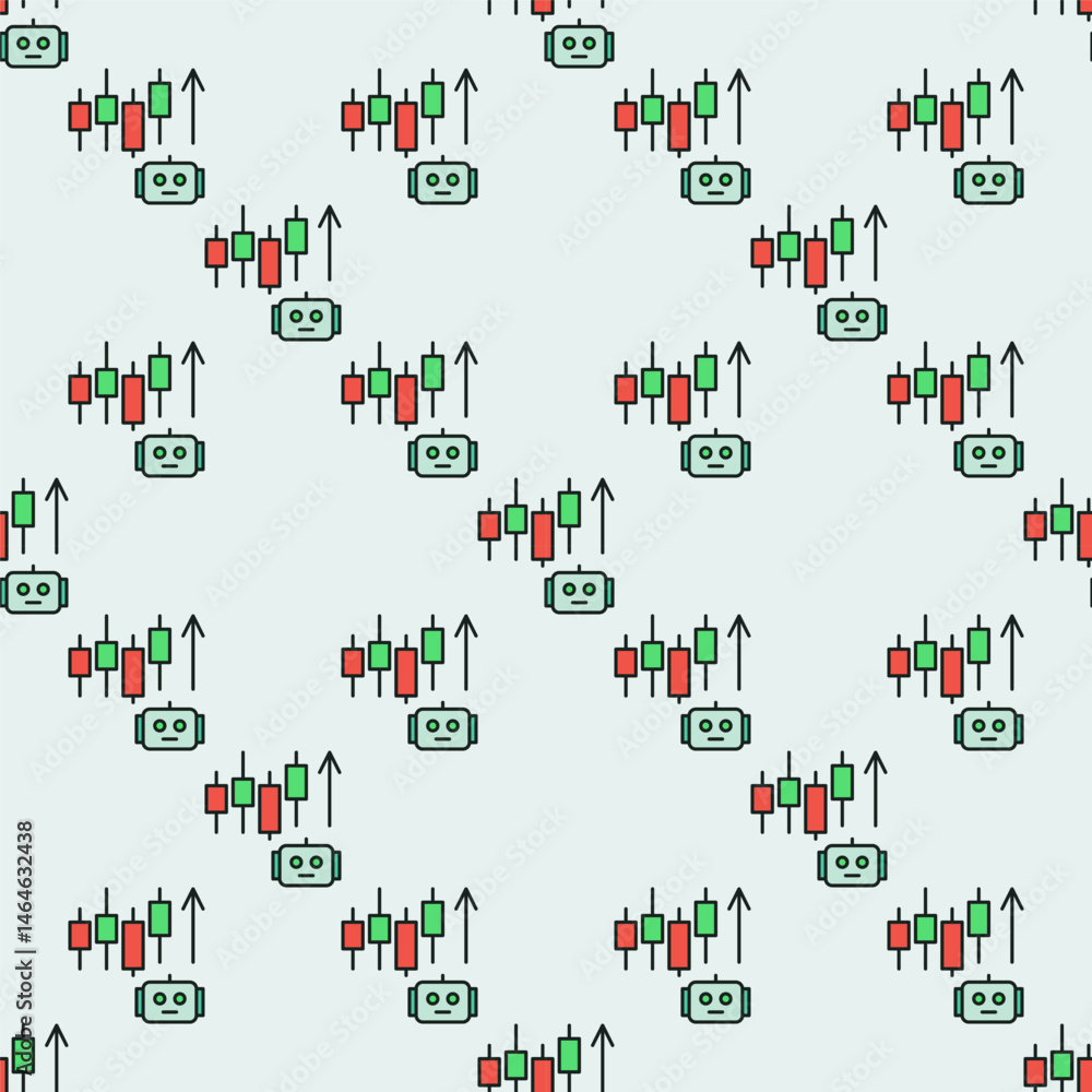 Poster Cryptocurrency Candlestick Chart and AI Bot vector Crypto Trading colored seamless pattern