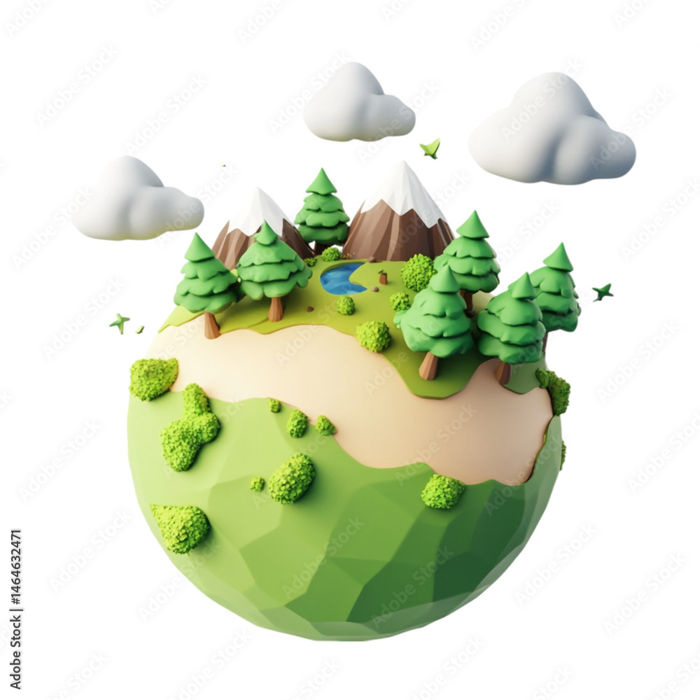 Poster low poly planet miniature world with trees lake mountains and clouds a stylized 3d render