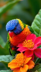 Fototapeta premium vividly colored lorikeet feeding on nectar from vibrant tropical flowers, ample space for text.