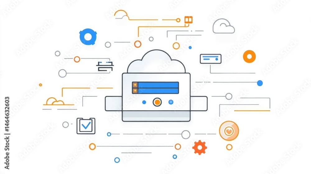 Aufkleber cloud server hub surrounded by data lines and gear icons showcasing infrastructure modernization