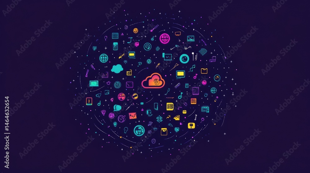 Poster cloud surrounded by icons representing storage, compute, security, and networking