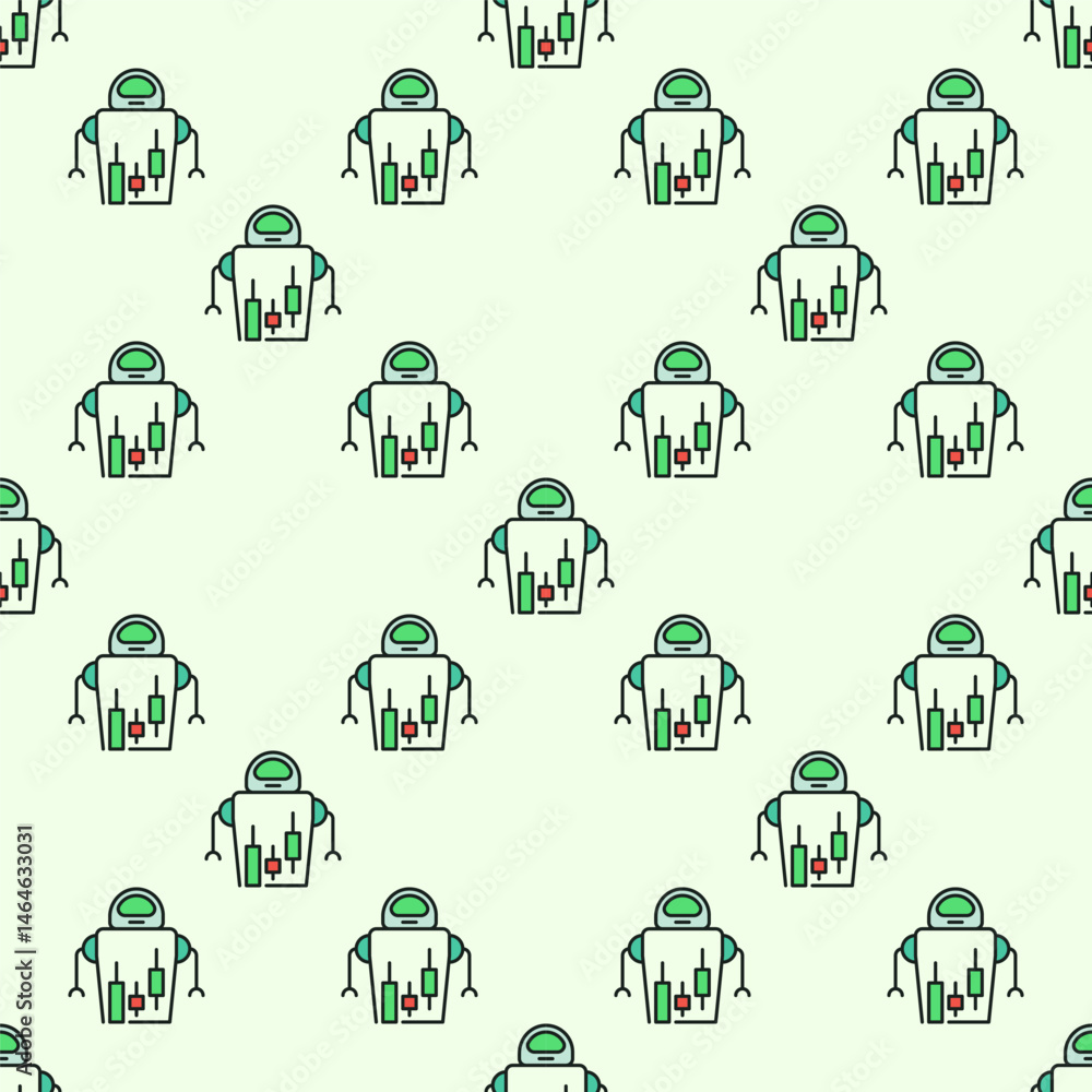 Poster cryptocurrency robot trader vector stock trading bot colored seamless pattern
