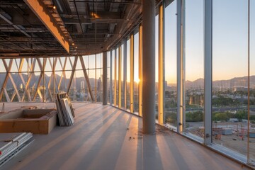 Modern construction site with sunset view through large windows