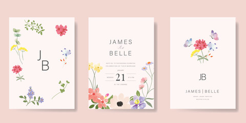 Elegant wedding invitation card background vector. Minimal hand painted watercolor botanical flowers texture template background. Design illustration for wedding, vip cover, poster, rsvp modern card. 