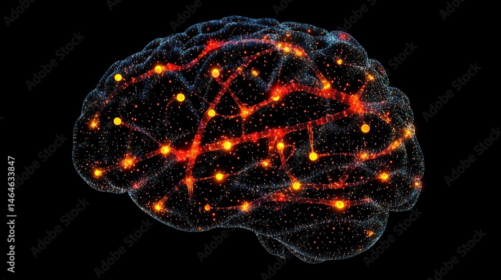 Poster cybernetic structure of human brain with lights indicating active neural pathways