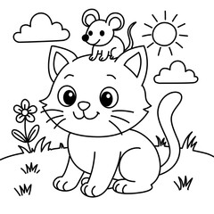 Fototapeta premium Cute cartoon cat with a smiling mouse on its head in a coloring page style. Fun and simple line art for kids, featuring animals in a sunny outdoor scene.
