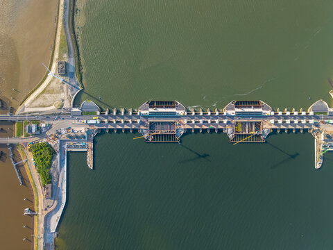 Afsluitdijk coastal dam and sluice complex, aerial panorama