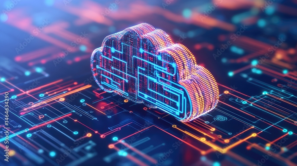 Poster digital gears and circuit lines blending into cloud and network graphics to symbolize smart business
