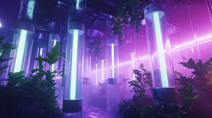 Neon-lit, plant-filled corridor with glass tubes
