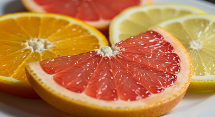 A close-up shot of a variety of fresh, juicy citrus fruit slices, showcasing vibrant colors.