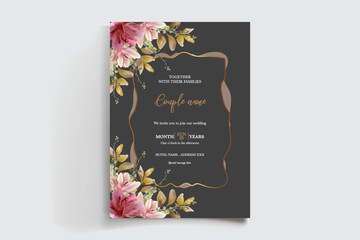 WEDDING INVITATION FRAME WITH FLOWER DECORATIONS AND FRESH LEAVES