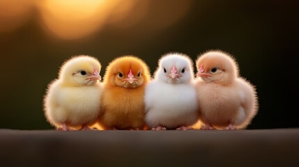 This delightful image captures a group of four vibrant chicks, showcasing their fluffy feathers and charming expressions in a warm sunlight backdrop perfect for stock photography.