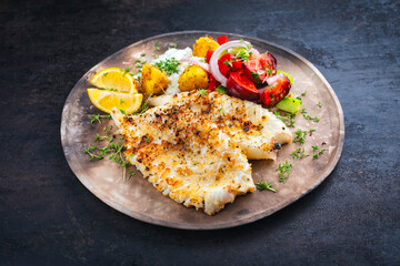 Traditionall Greek grilled calamari grilled with vegetables and tzaziki and served as close-up on a rustic design plate