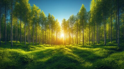 Sunlight streams through a vibrant forest