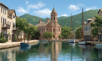 Fototapeta premium Picturesque coastal town with charming buildings, sailboats, and tranquil water reflecting the environment