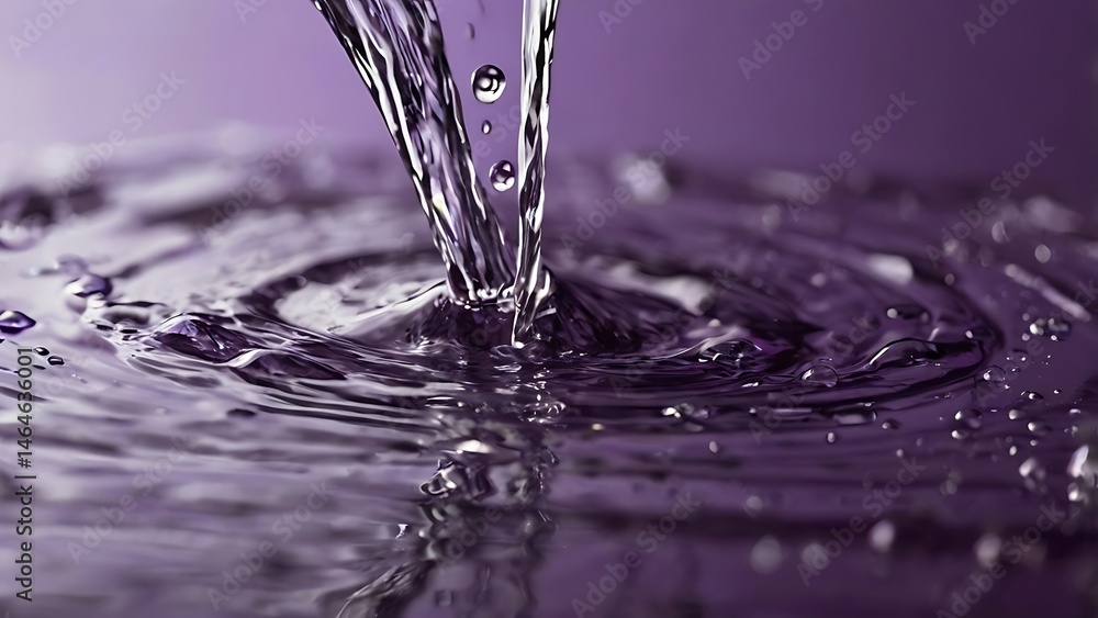 Poster elegant water pouring on violet surface with dynamic ripples creating abstract visual