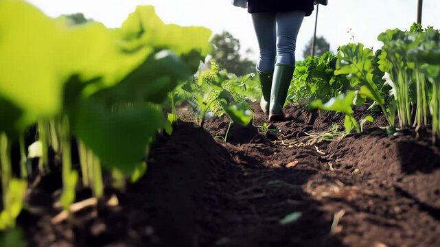Farmer wearing green protective boots walking carefully between rows of beets, inspecting fertile soil and crop growth in cultivated agricultural field during daytime