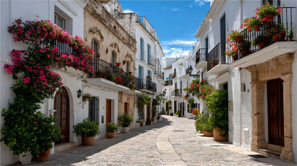 Fototapeta premium Picturesque street with white buildings and vibrant flowers in the bright sunlight