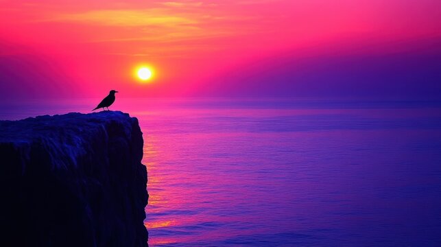 Sunrise, bird on cliff overlooking tranquil ocean