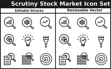 scrutiny stock market icon set. analysis scrutiny icons set, scrutiny finance, big data research symbols, graphs under magnifying glass icon set, bar chart, pie chart, line graph, target set