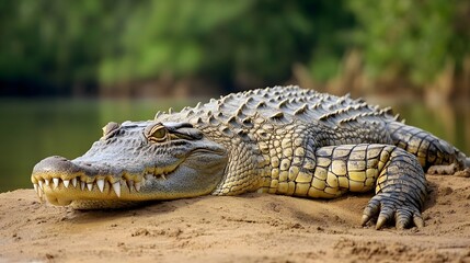 Obraz premium A crocodile sunbathing on a riverbank