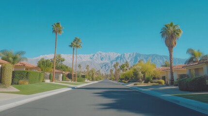 Fototapeta premium Palm tree lined street mountain view sunny day