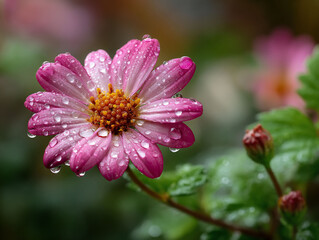 Obraz premium Pink flower covered in water droplets. Beautiful nature, close-up shot, outdoor, wet petals and vibrant colors