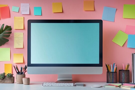 Comfortable worksplace mockup rendering, desktop monitor screen surrounded by colorful post-it notes attached on the wall