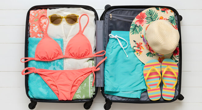 An open suitcase filled with summer travel essentials, ready for a sunny vacation escape. - Powered by Adobe