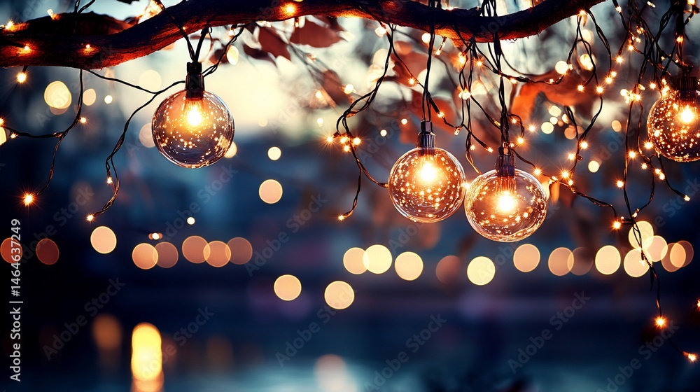 Poster glowing string lights hanging on a tree branch, bokeh background