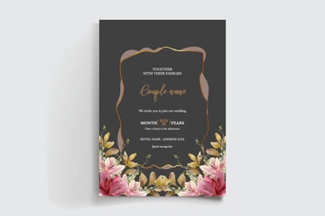 Fototapeta na wymiar WEDDING INVITATION FRAME WITH FLOWER DECORATIONS AND FRESH LEAVES