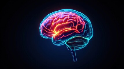 Highly detailed neon glowing brain illustration showing neural connections and brain structure with vibrant colors on a black background