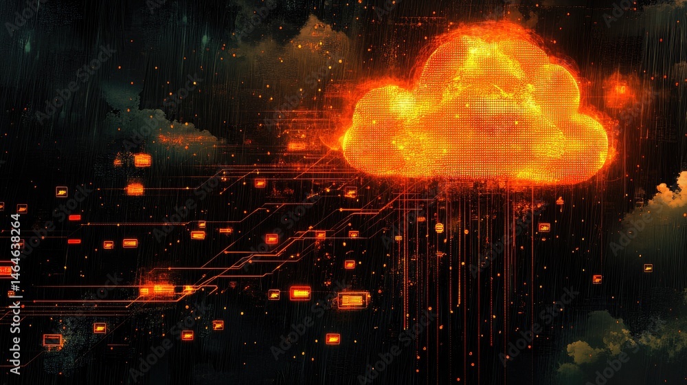 Poster illustration of hybrid it infrastructure showing local and cloud integrations